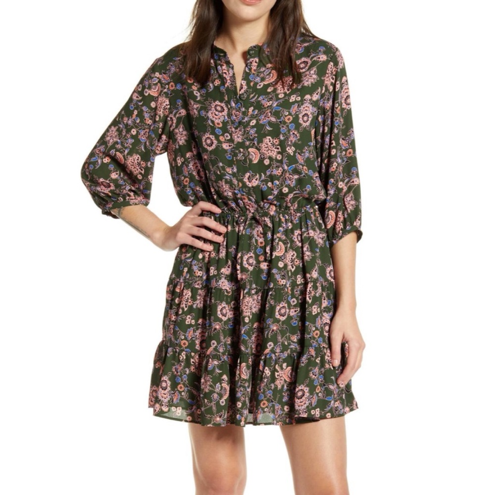 Rebecca Minkoff Ollie 3/4 Sleeve Dress Green Pink Floral Paisley size Small